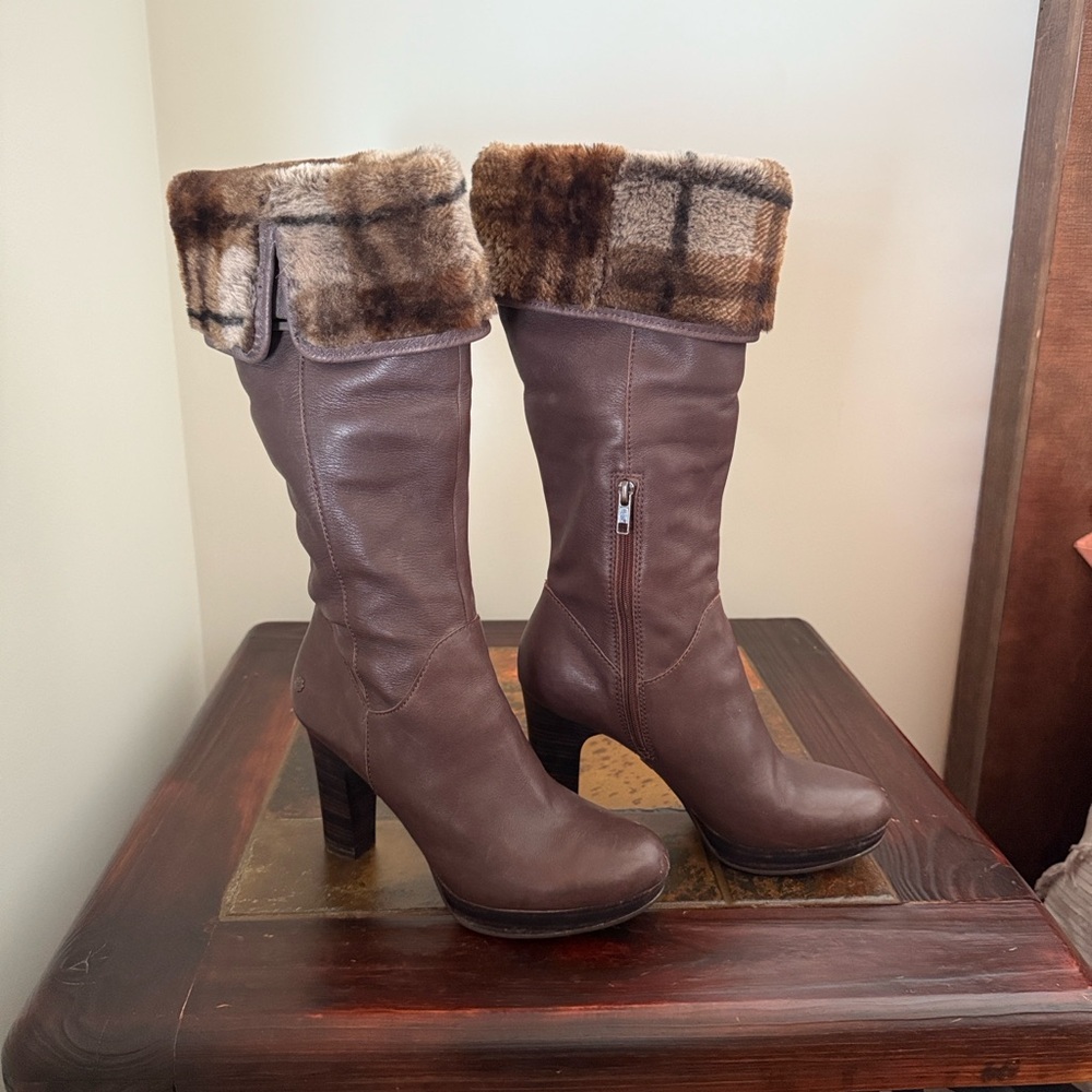 Ugg Brown Leather Knee High Boots with Genuine Sheepskin Fur Cuff